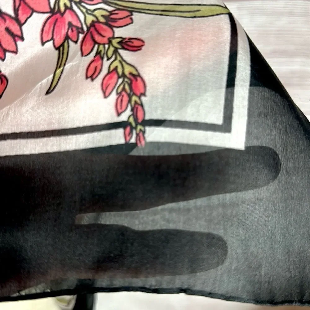 Floral Square Scarf Silky Chiffon Pink Ivory Black Trim Hand Rolled